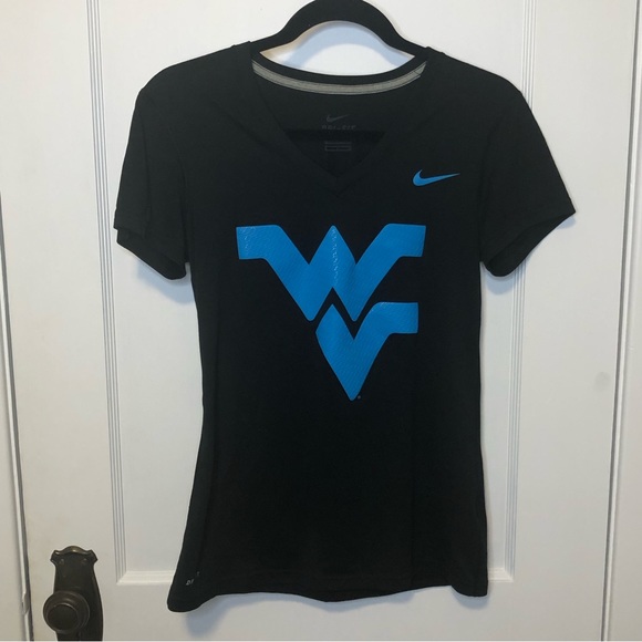 NIKE | WVU West Virginia University Logo T-Shirt Short Sleeve V Neck Black Blue - Picture 2 of 6